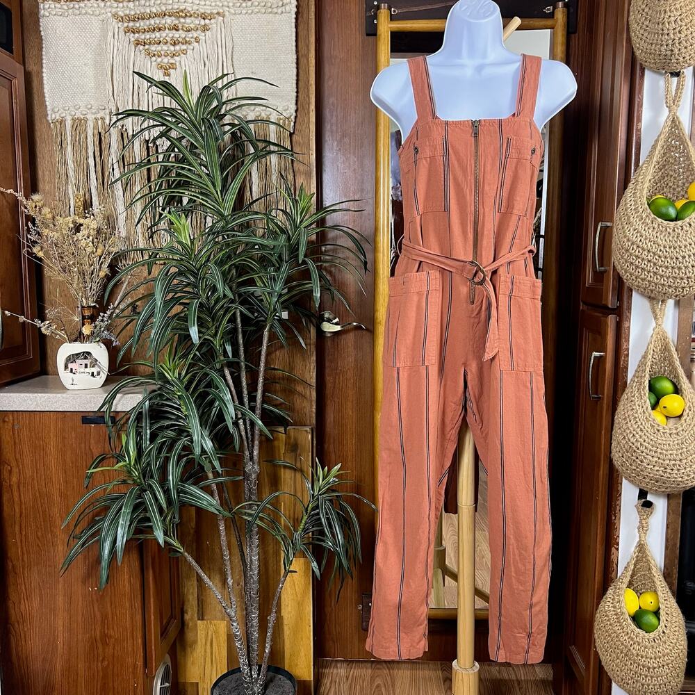 Billabong Striped Jumpsuit XS Salmon Belted Utility Zip Pocket Cropped One Piece